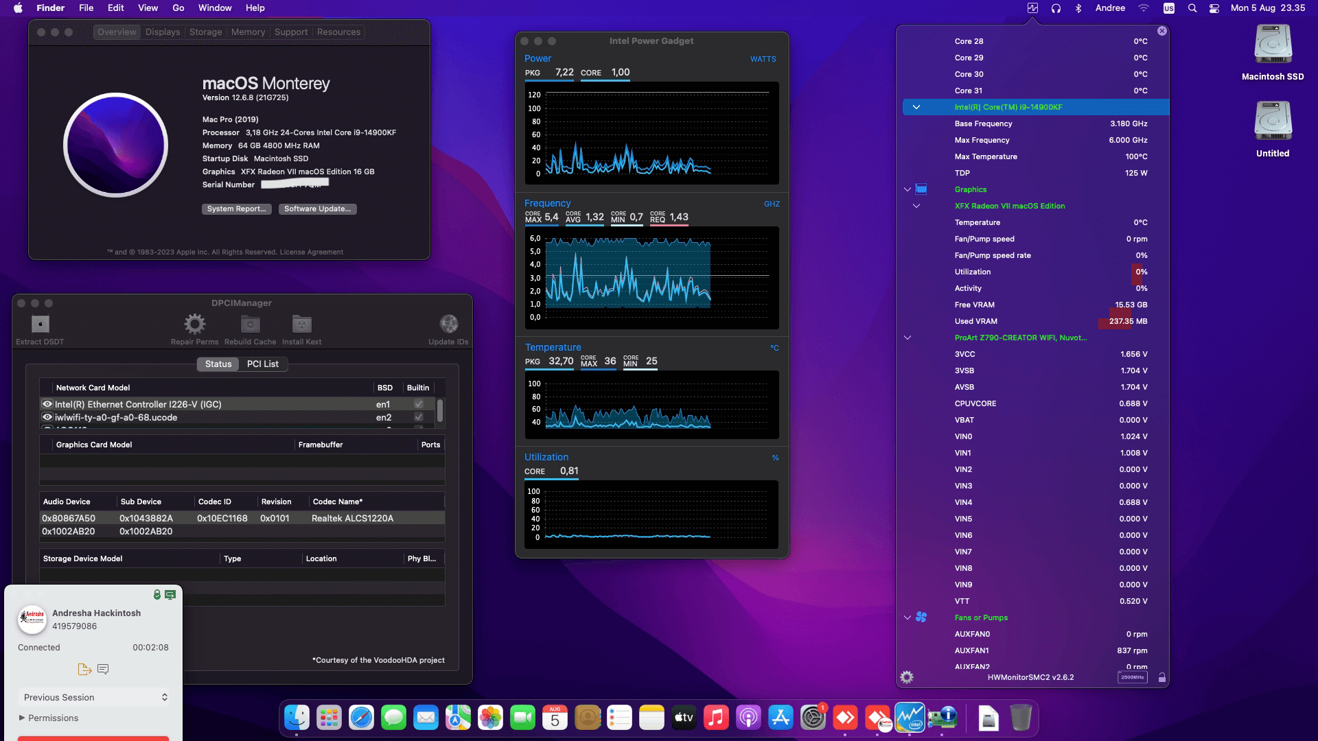 Success Hackintosh macOS Monterey 12.6.8 Build 21G725 in Asus ProArt Z790 Creator WiFi + Intel Core i9 14900KF + XFX Radeon VII
